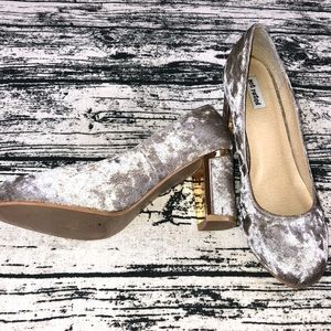 "Not Rated" Beige Velvet Heels with Goldtone Accents, 9.5